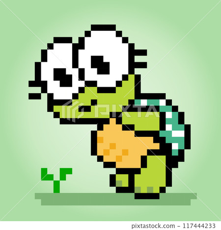8 bit Pixel turtle saw a plant. Animal pixels in Vector illustration for game asset or cross stitch pattern. 8 bit Pixel turtle saw a plant. Animal pixels in Vector illustration for game asset or cross stitch pattern. 117444233