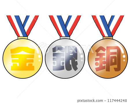 Illustration of gold, silver, and bronze medals (letters) 117444248