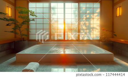 Vintage Bathroom with pool, Spa and Onsen and lavatory in interior design Japanese style 117444414