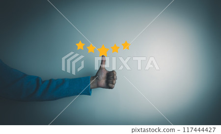 Satisfaction concept of customer, express their opinions, answers and satisfied scores, client is satisfied with pressing 5 stars icon, excellent service, good feedback from user Satisfaction concept of customer, express their opinions, answers and satisfied scores, client is satisfied with pressing 5 stars icon, excellent service, good feedback from user 117444427