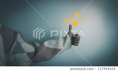 Satisfaction concept of customer, express their opinions, answers and satisfied scores, client is satisfied with pressing 5 stars icon, excellent service, good feedback from user Satisfaction concept of customer, express their opinions, answers and satisfied scores, client is satisfied with pressing 5 stars icon, excellent service, good feedback from user 117444428