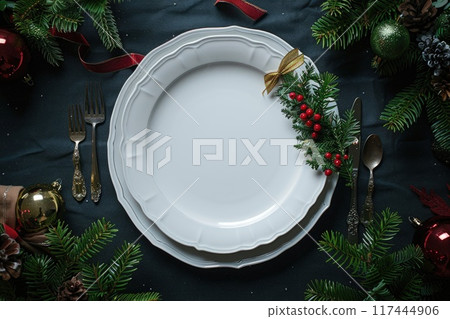 Festive Christmas Table Setting with Empty White Plate and Holiday Decorations 117444906