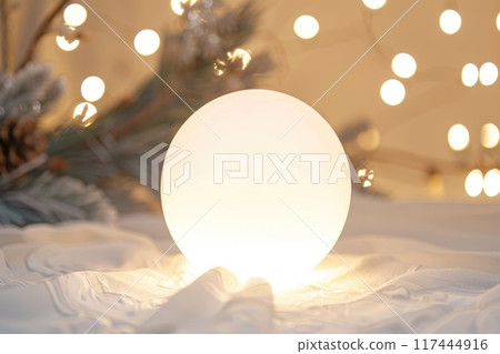 Festive White Christmas Ornament with Sparkling Lights Bokeh Background Festive White Christmas Ornament with Sparkling Lights Bokeh Background 117444916