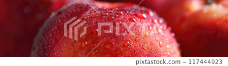 Vivid Close-up of Dew-Kissed Apple with Fresh Morning Water Droplets Vivid Close-up of Dew-Kissed Apple with Fresh Morning Water Droplets 117444923