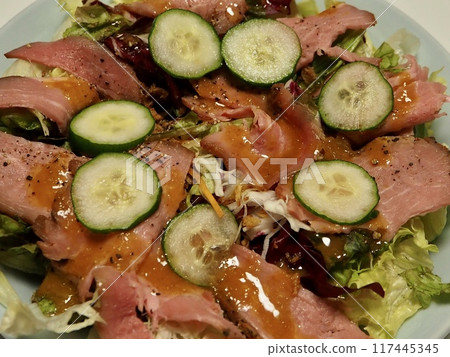 Loin and pork salad, wife's homemade cooking, dinner at home, happy family Loin and pork salad, wife's homemade cooking, dinner at home, happy family 117445345
