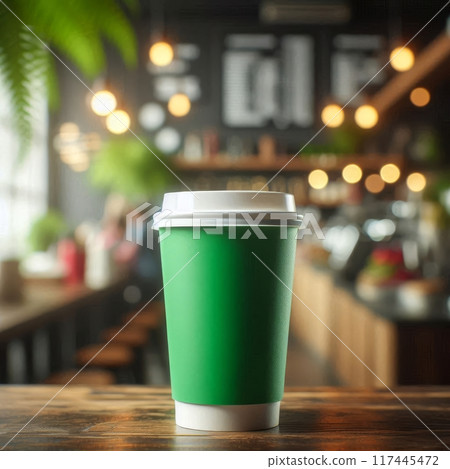 Vibrant Takeaway Cup in Various Colors with a Blurred Coffee Shop Background for Mockup and Branding Use 117445472