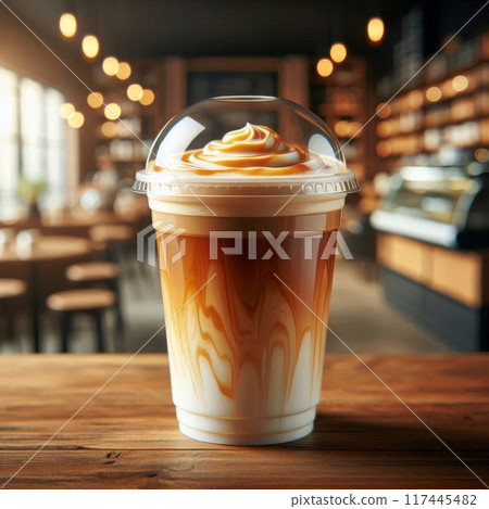Vibrant Takeaway Cup in Various Colors with a Blurred Coffee Shop Background for Mockup and Branding Use 117445482