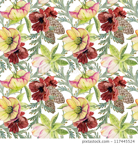 Poppy anemone flower, spruce fir tree cones, juniper branches. Watercolor hand drawn illustration seamless pattern isolated on white. Xmas, happy new year festive, noel navidad holiday. Paper, textile Poppy anemone flower, spruce fir tree cones, juniper branches. Watercolor hand drawn illustration seamless pattern isolated on white. Xmas, happy new year festive, noel navidad holiday. Paper, textile 117445524