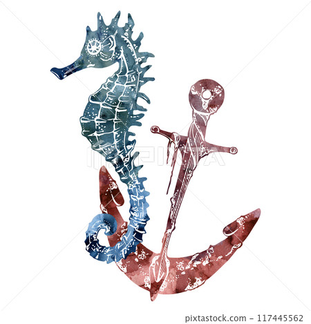 Watercolor and ink hand drawn marine life, sea ocean underwater creatures. fish, shells algae seaweed. Composition illustration, stylized, isolated on white. For zoo shop, aquarium, cosmetics, resort 117445562