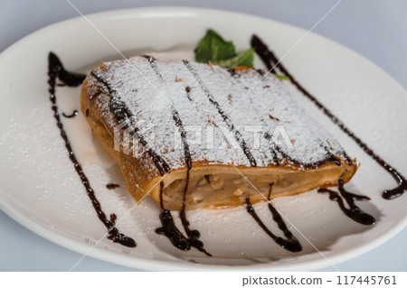 Dessert strudel with chocolate and ice cream on a white plate 117445761