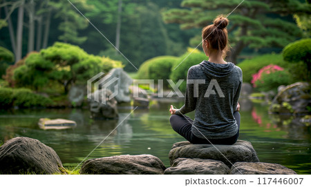 Calm morning meditation scene of a Asian young woman is meditating while sitting on stone in the garden outdoors nature, Japanese style 117446007