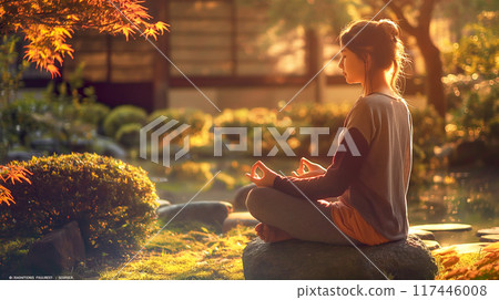 Calm morning meditation scene of a Asian young woman is meditating while sitting on stone in the garden outdoors nature 117446008