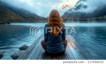 Calm morning mist meditation scene of a young woman is meditating while sitting on wooden pier outdoors with beautiful lake and snow mountains nature 117446010