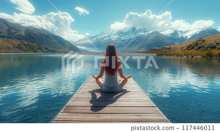 Calm morning mist meditation scene of a young woman is meditating while sitting on wooden pier outdoors with beautiful lake and mountains nature. in Summer 117446011