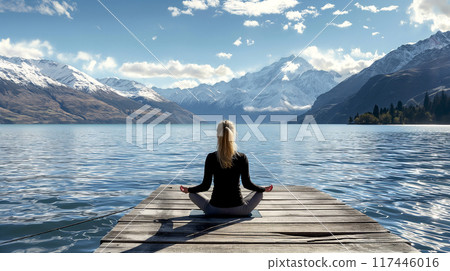 Calm morning mist meditation scene of a young woman is meditating while sitting on wooden pier outdoors with beautiful lake and snow mountains nature. 117446016