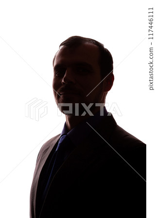 Smiling man young unshaven business clothes silhouette - white background isolate Smiling man young unshaven business clothes silhouette - white background isolate 117446111