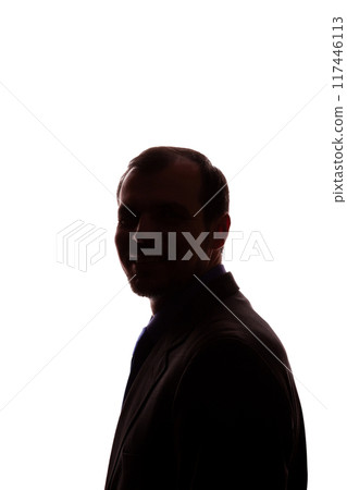 Smiling man young unshaven business clothes silhouette - white background isolate 117446113
