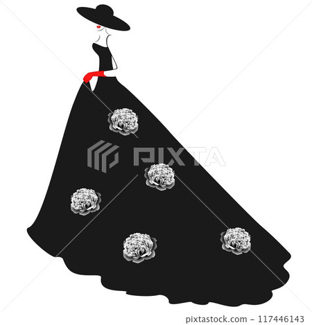 A girl in a hat and a long black dress with peonies. 117446143