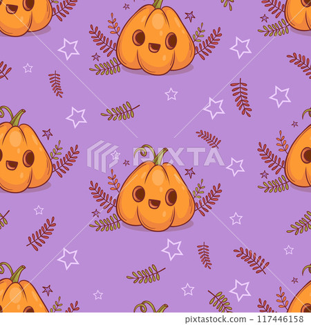 Halloween Seamless pattern with cute pumpkin jack o lantern on purple background. Vector illustration for festive design, packaging, wallpaper, textile. Halloween Seamless pattern with cute pumpkin jack o lantern on purple background. Vector illustration for festive design, packaging, wallpaper, textile. 117446158