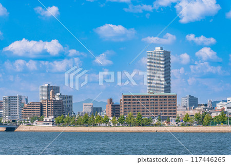 Riverside scenery in Hiroshima City: Apartment buildings in Sendamachi seen from Yoshijima on the opposite bank Riverside scenery in Hiroshima City: Apartment buildings in Sendamachi seen from Yoshijima on the opposite bank 117446265