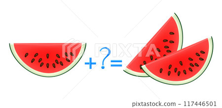 Action relationship of addition, examples with slices of watermelon. Educational game for children. Action relationship of addition, examples with slices of watermelon. Educational game for children. 117446501