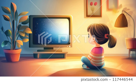 little girl look tv in childs room illustration 117446544