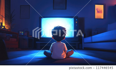 little boy look tv in childs room illustration little boy look tv in childs room illustration 117446545