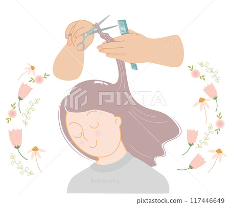 A hairdresser/barber cutting a customer's hair with scissors 117446649
