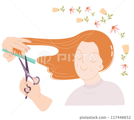 美髮師/理髮師拿著剪刀剪顧客的頭髮 美髮師/理髮師拿著剪刀剪顧客的頭髮 117446652