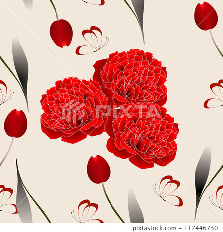 Seamless pattern with red peonies and tulips with butterflies. Seamless pattern with red peonies and tulips with butterflies. 117446730