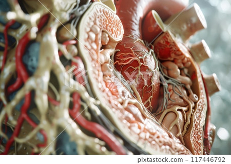 A close up of a heart with red veins and pink tissue with Generative AI A close up of a heart with red veins and pink tissue with Generative AI 117446792