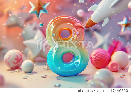 A colorful space scene with a rocket and the number 8 in the middle with Generative AI 117446800