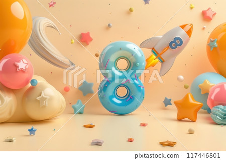 A colorful space scene with a rocket and the number 8 in the middle with Generative AI 117446801