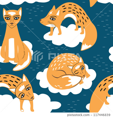 Cute stylish little foxes on sky clouds. Baby seamless pattern for posters, fabric prints and postcards. Vector Cute stylish little foxes on sky clouds. Baby seamless pattern for posters, fabric prints and postcards. Vector 117446839