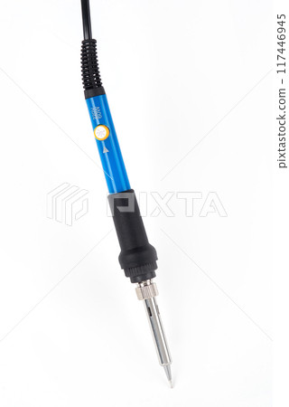 Hand tool soldering iron with the blue handle isolated on a white background. Hand tool soldering iron with the blue handle isolated on a white background. 117446945