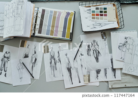 Sketches, sewing patterns and swatches Sketches, sewing patterns and swatches 117447164