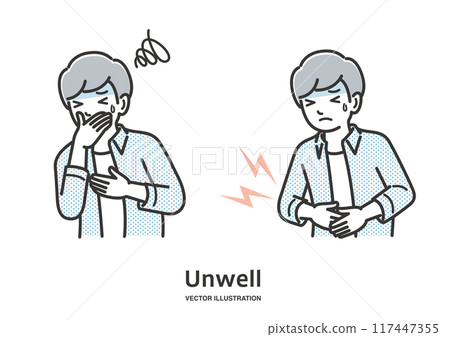 一名有腹痛和嘔吐症狀的年輕人的插圖 117447355