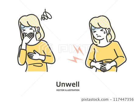 一名有腹痛和嘔吐症狀的年輕女性的插圖 117447356