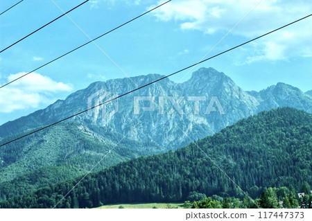 Beautiful nature background with blue big scenic mountains and green forests Beautiful nature background with blue big scenic mountains and green forests 117447373