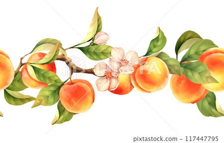 Hand-drawn pattern, seamless fruit border of peaches and leaves. 117447795