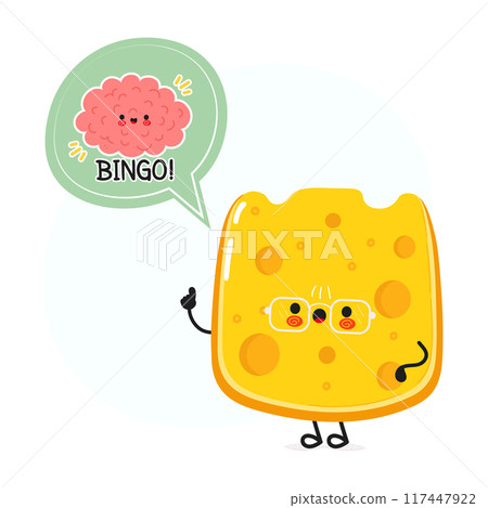 Cheese with speech bubble and brain character. Vector hand drawn cartoon kawaii character illustration. Isolated white background. Cheese poster and brain 117447922
