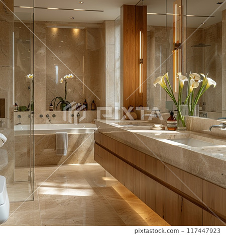 Modern White Bathroom Design with Freestanding Bathtub. Light shine through from a side 117447923
