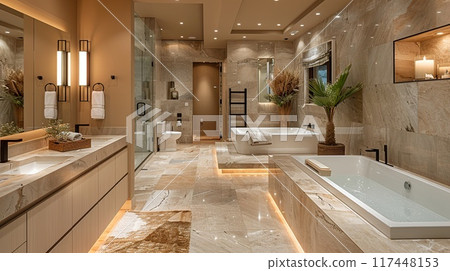 Modern White Bathroom Design with Freestanding Bathtub. Light shine through from a side 117448153
