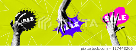 Three hands reaching for speech bubbles saying sale on bright yellow background with abstract design elements. Contemporary art collage. Three hands reaching for speech bubbles saying sale on bright yellow background with abstract design elements. Contemporary art collage. 117448206