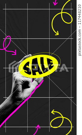 Human hand holding sword sale in bright yellow speech bubbles against dark background. Template for banners. Contemporary art collage. 117448210