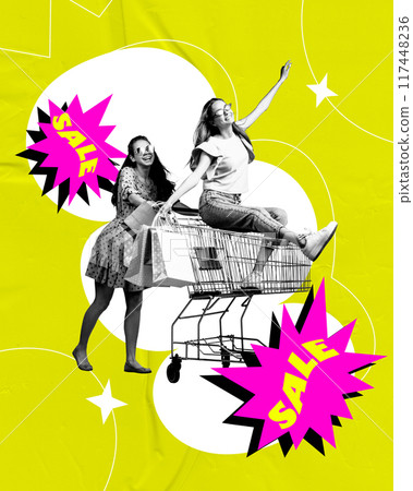 Happy young women doing big shopping activity. Bright yellow background with pink speech bubbles saying about sales. Contemporary art collage. Happy young women doing big shopping activity. Bright yellow background with pink speech bubbles saying about sales. Contemporary art collage. 117448236