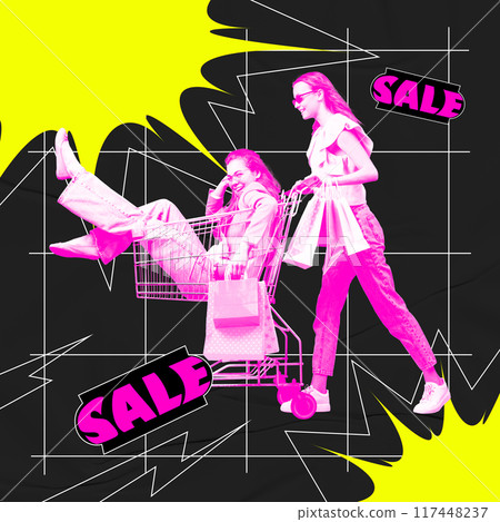Excited young girls going shopping, carryign trolley againt colorful abstarct backgorund. Giant sale season. Contemporary art collage. 117448237