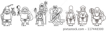 Simple and cute illustration of the Seven Lucky Gods (line drawing) 117448300