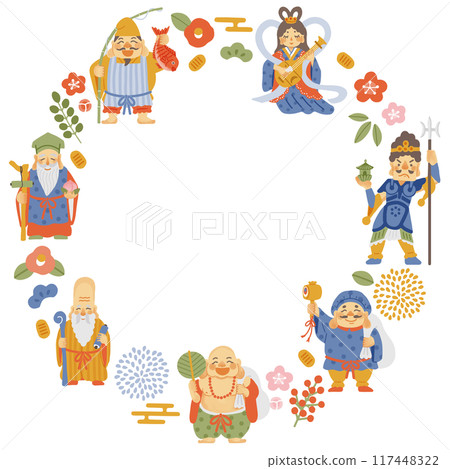 圓形框架，帶有簡單可愛的七福神插圖 117448322