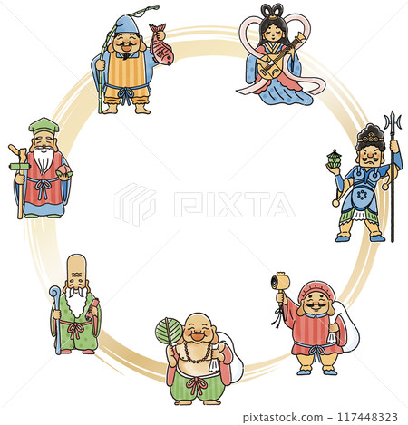 Simple and cute circular frame with illustrations of the Seven Lucky Gods 117448323